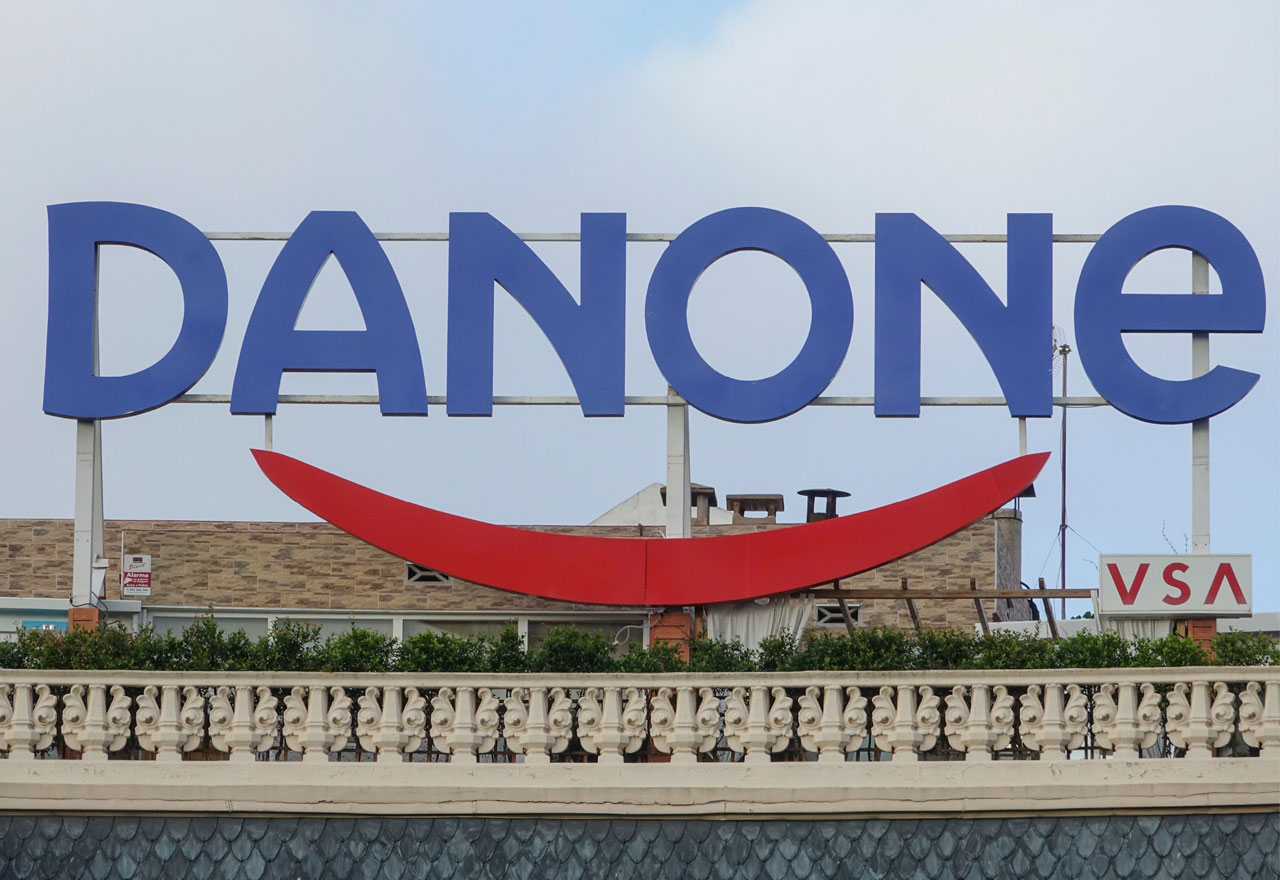 Large Danone sign atop a building