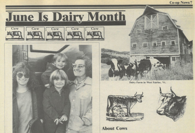 News paper clipping declaring June Is Dairy Month with photos of cows, farmers, and a barn