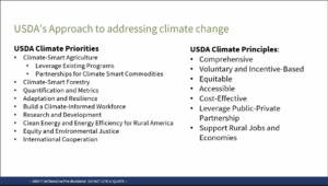 This slide shows a list of the USDA's plan for climate smart agriculture as of early 2022.