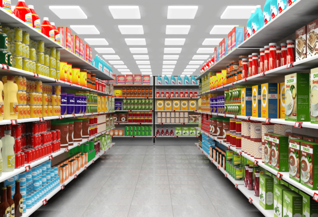 An aisle at a grocery store with colorful products on the shelves