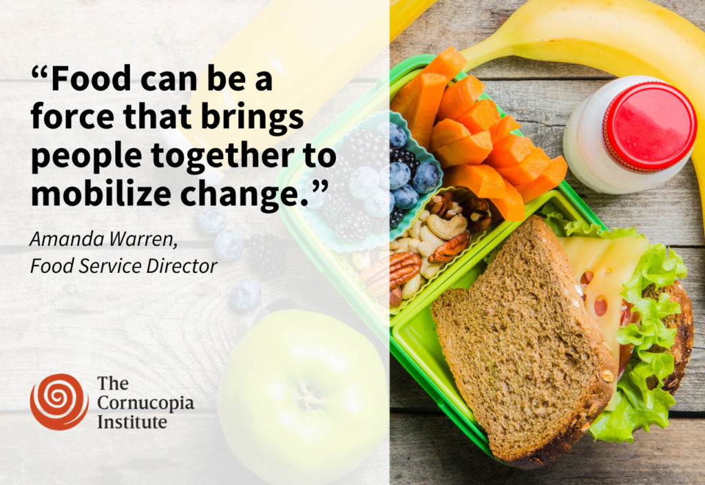 "Food can be a force that brings people together to mobilize change" graphic with an image of a meal
