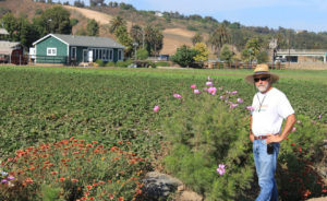 Farmer standing in front of his field with a house in the background