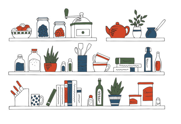 An illustration of a shelf with pantry items