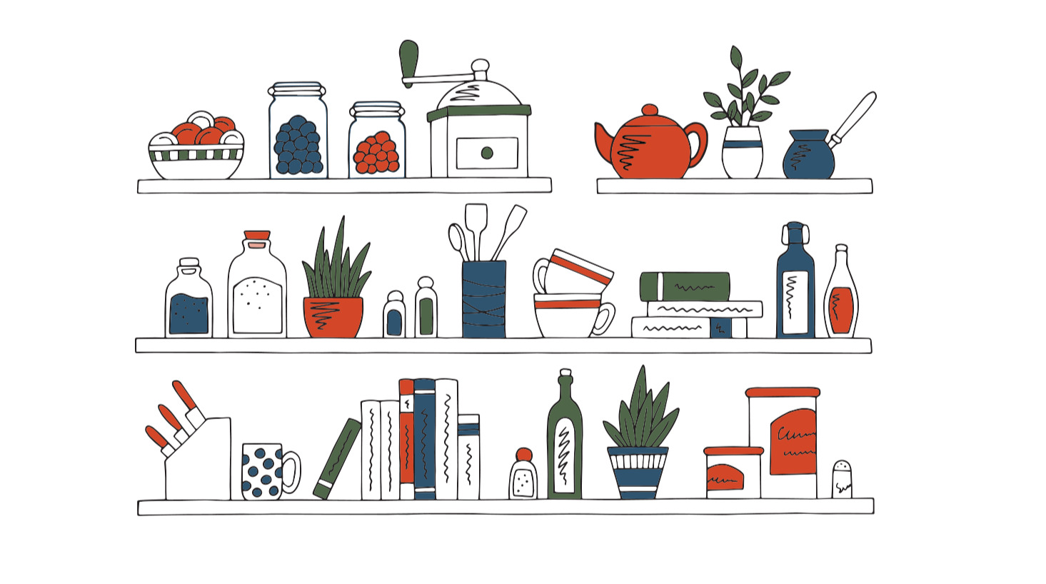 An illustration of a shelf with pantry items