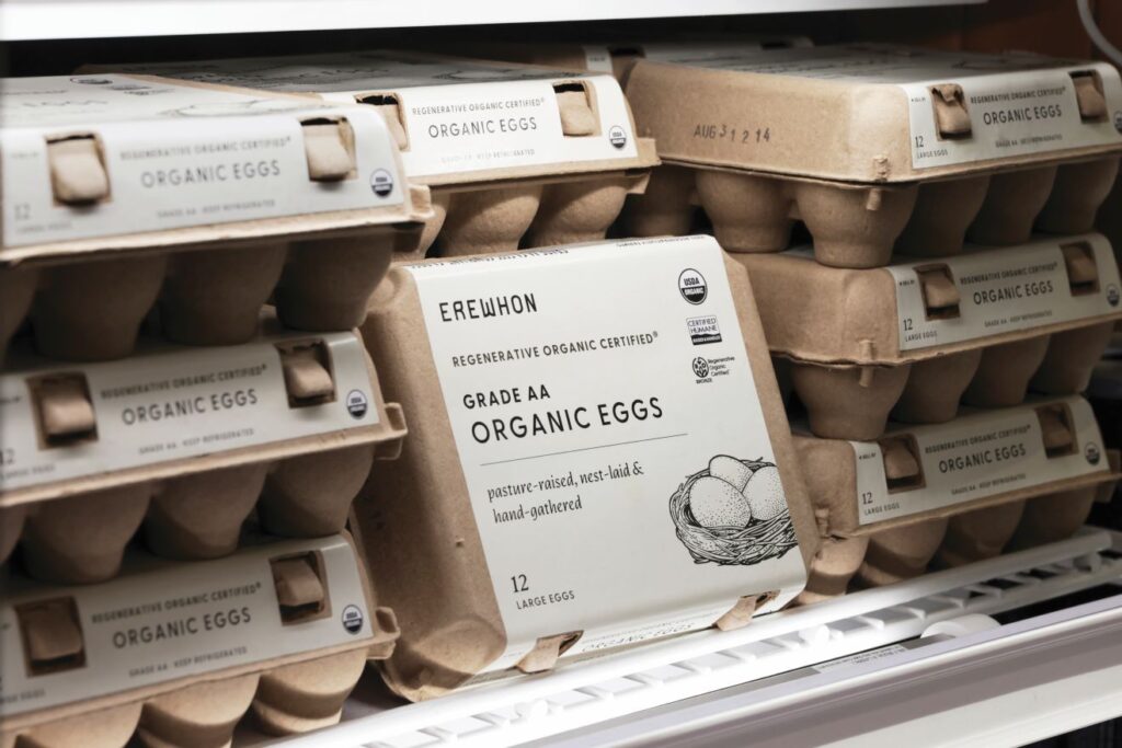Erewhon store brand eggs on a shelf