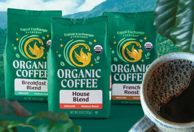 Three bags of Equal Exchange coffee and a mug of hot coffee