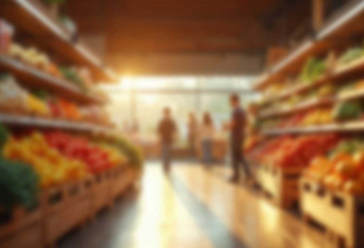 Hazy photo of a grocery store aisle with sun coming in window